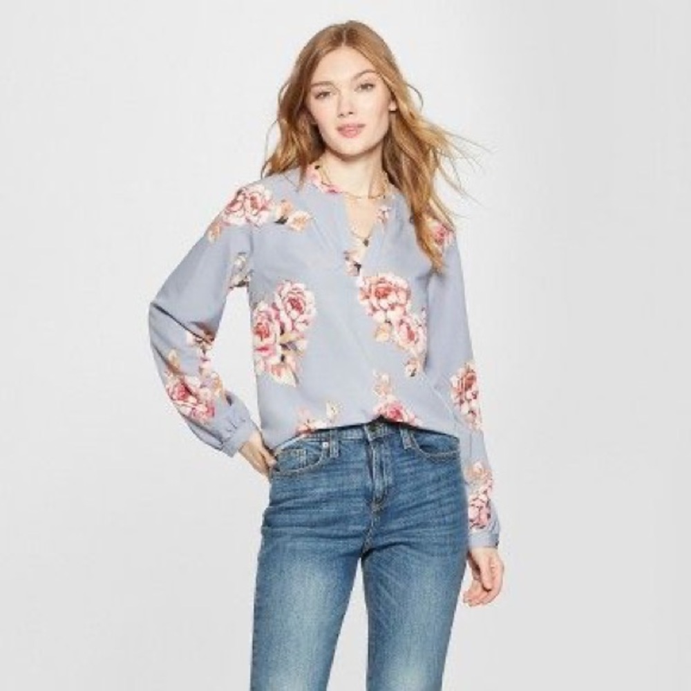 A New Day Blue Floral Print Crepe Blouse sz S EUC